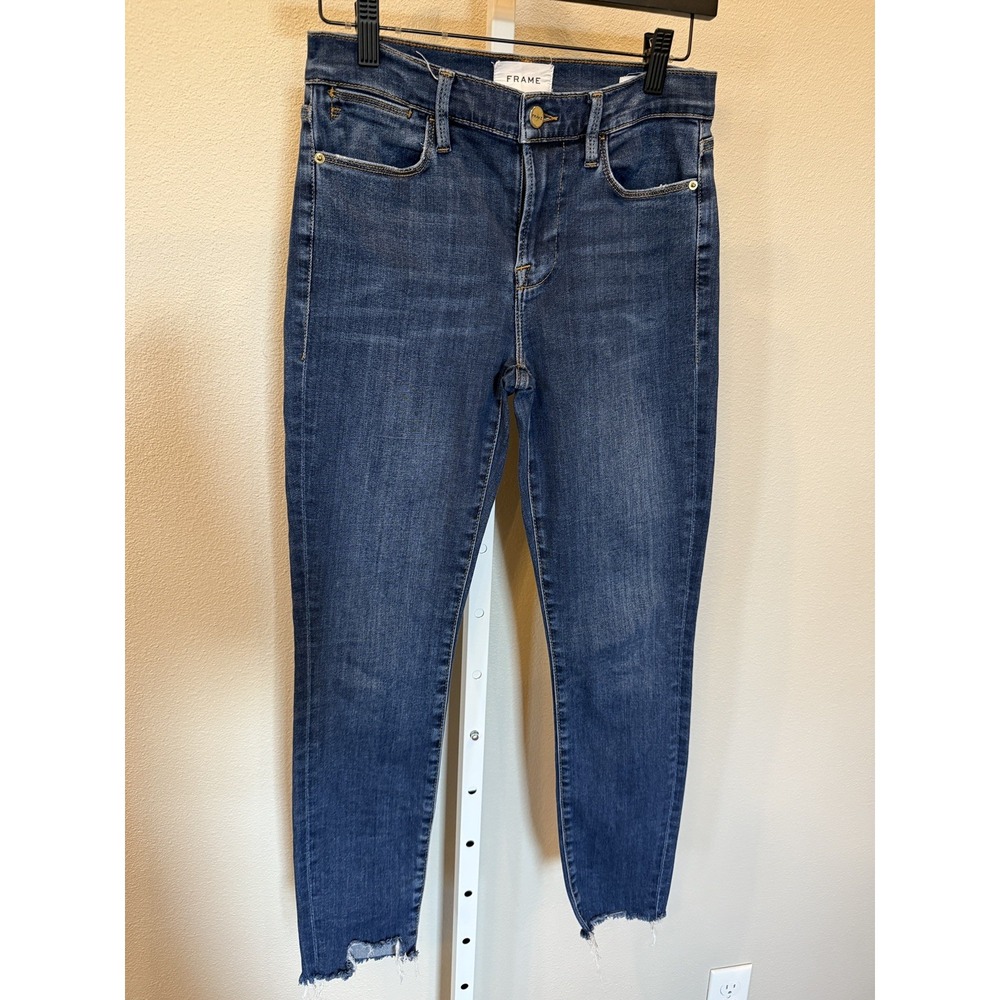 FRAME LE High Rise Skinny Fit Women's Dark Denim Jeans Waist 27 Raw Hem
